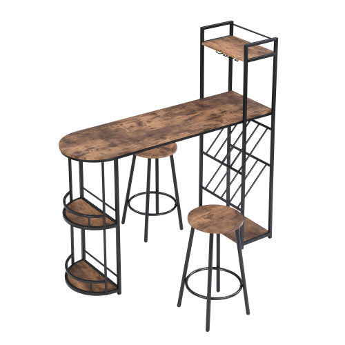 Industrial Bar Table Set With 2 Chairs, Counter Height Kitchen Dining Table, Wine Rack, And Side Storage, Rustic Brown