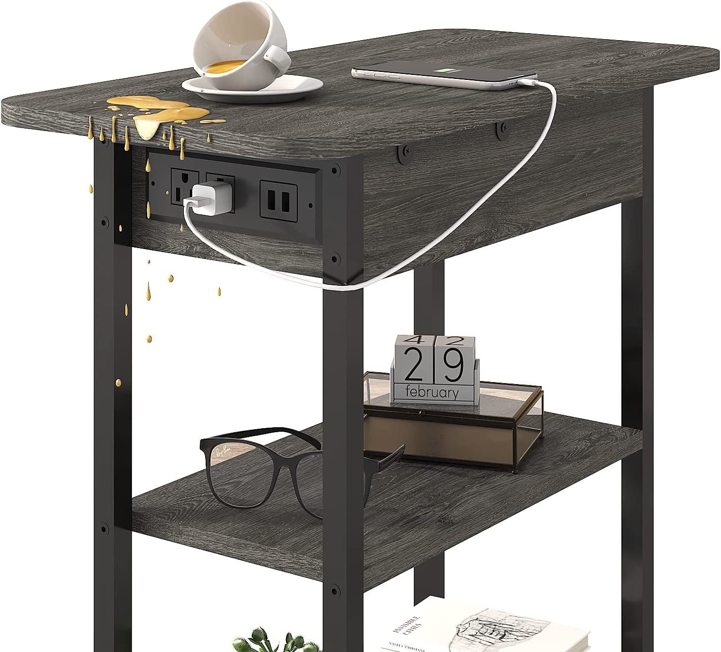 End Table with Charging Station, Flip Top Side Table for Small Spaces,