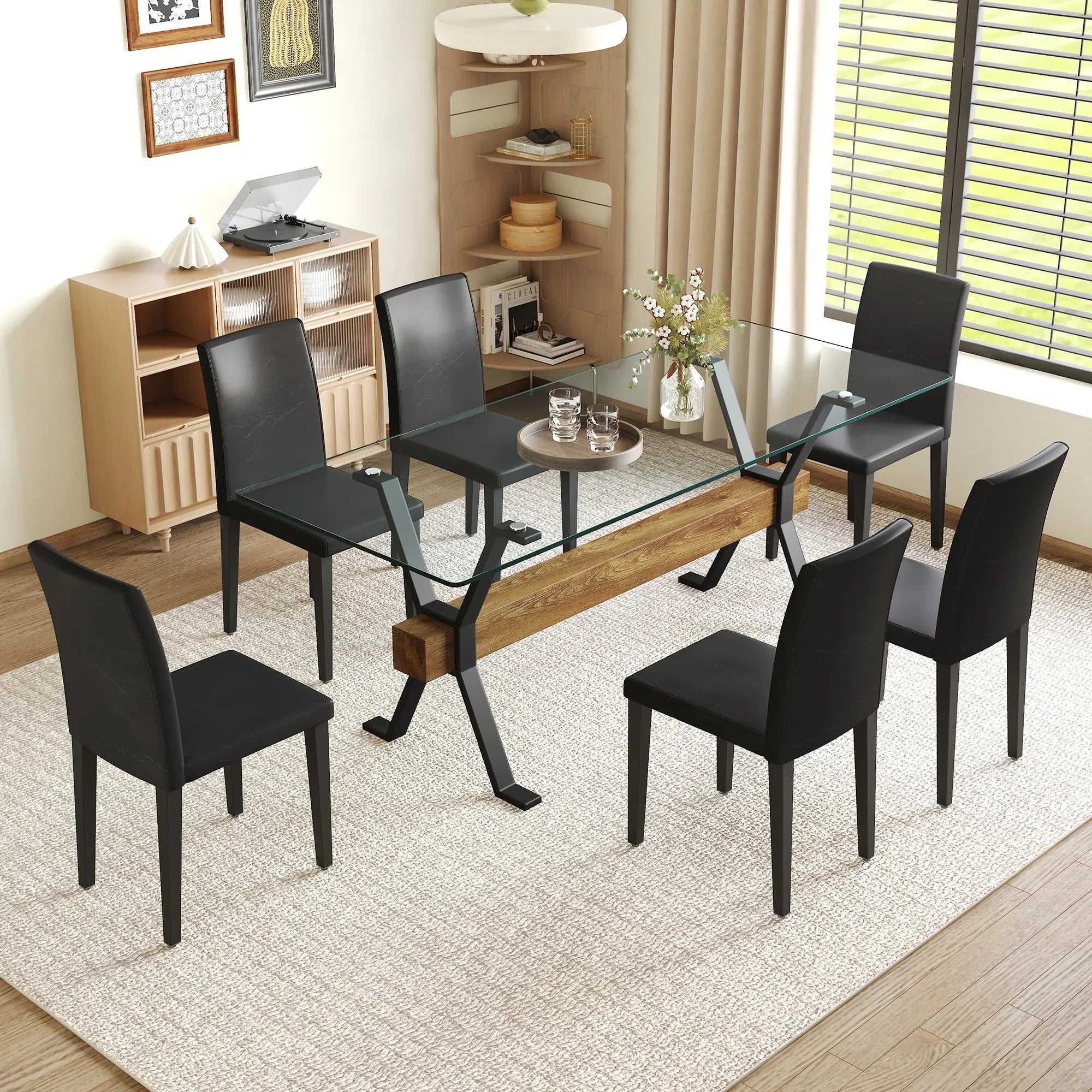 Table and chair set.79'x31.5' Inch Tempered Glass Tabletop With Sangria Beech