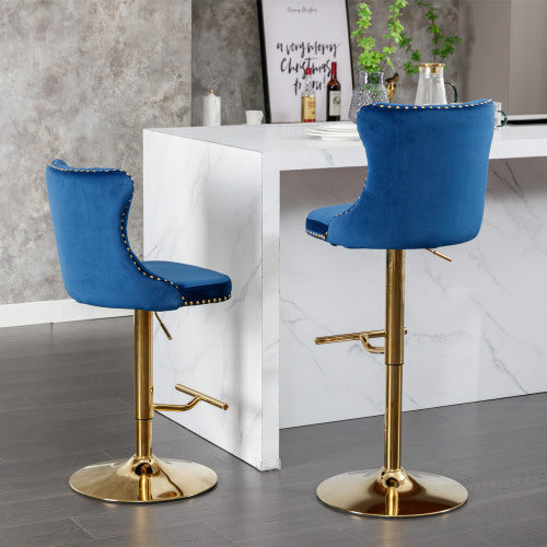 Golden Swivel Velvet Barstools Adjusatble Seat Height From 25-33 Inch Blue,Set Of 2