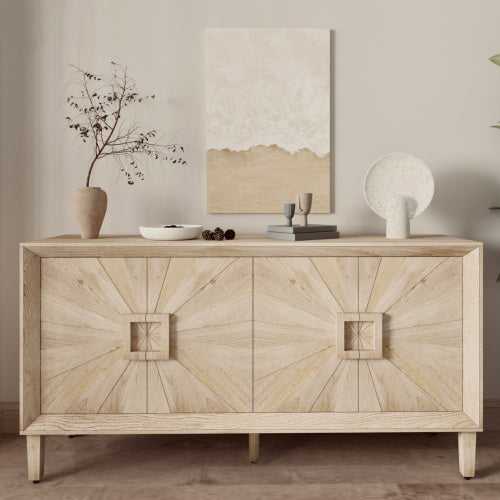 60'' Premium Rustic American Farmhouse Credenza - Symmetrical Sunburst Door Design, Heavy-Duty Antique Wood TV Stand With Adjustable Shelves, Storage Cabinet For Living Room Kitchen  Antique Natural