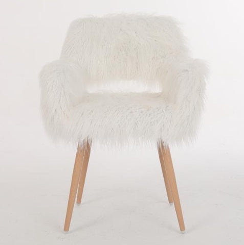 White Faux Fur Upholstered Make-up Chair With Side Dining Chair With Metal Legs