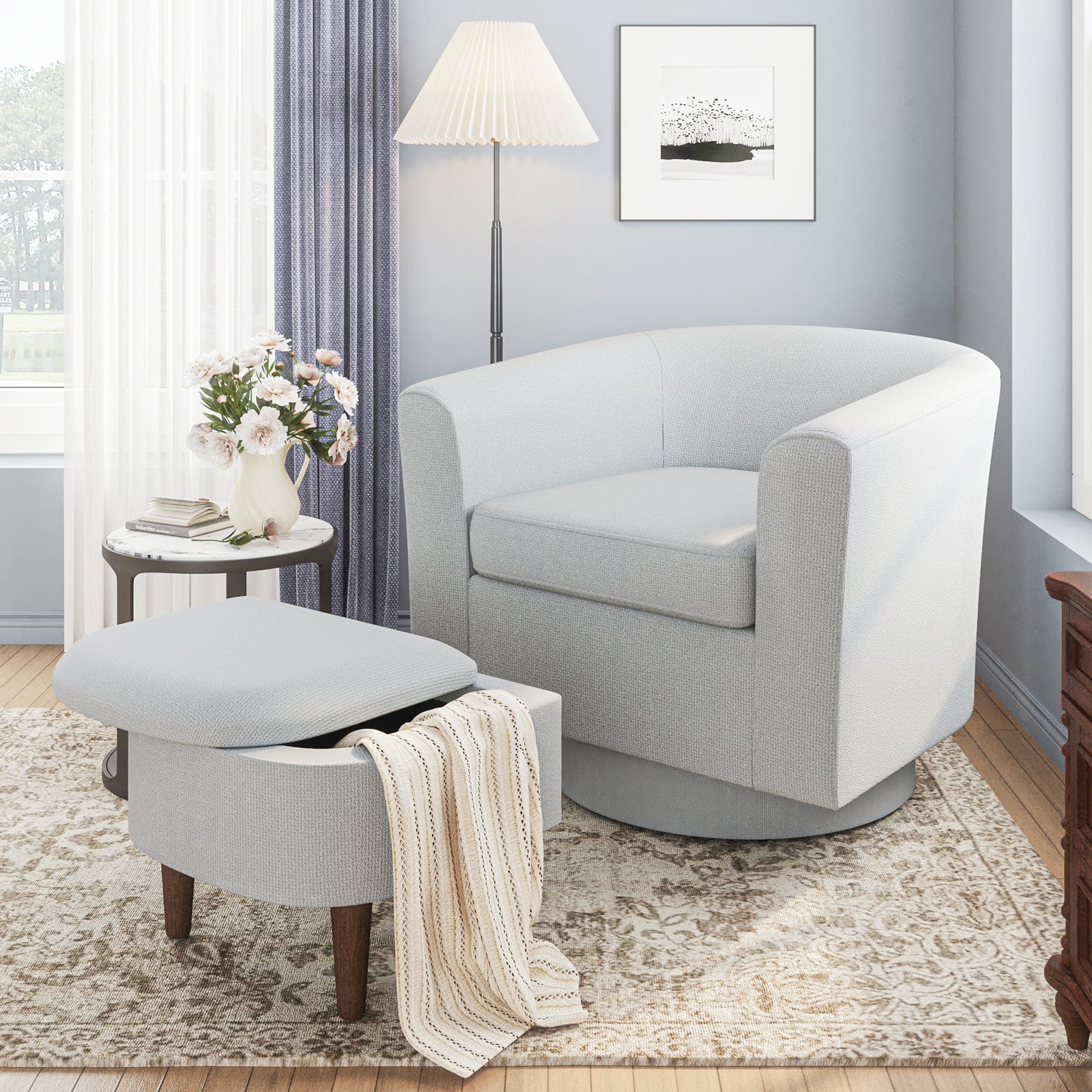 COLAMY Swivel Barrel Accent Chair With Ottoman, Modern Single Sofa, Upholstered Armchair With Storage Space For Home, Beige