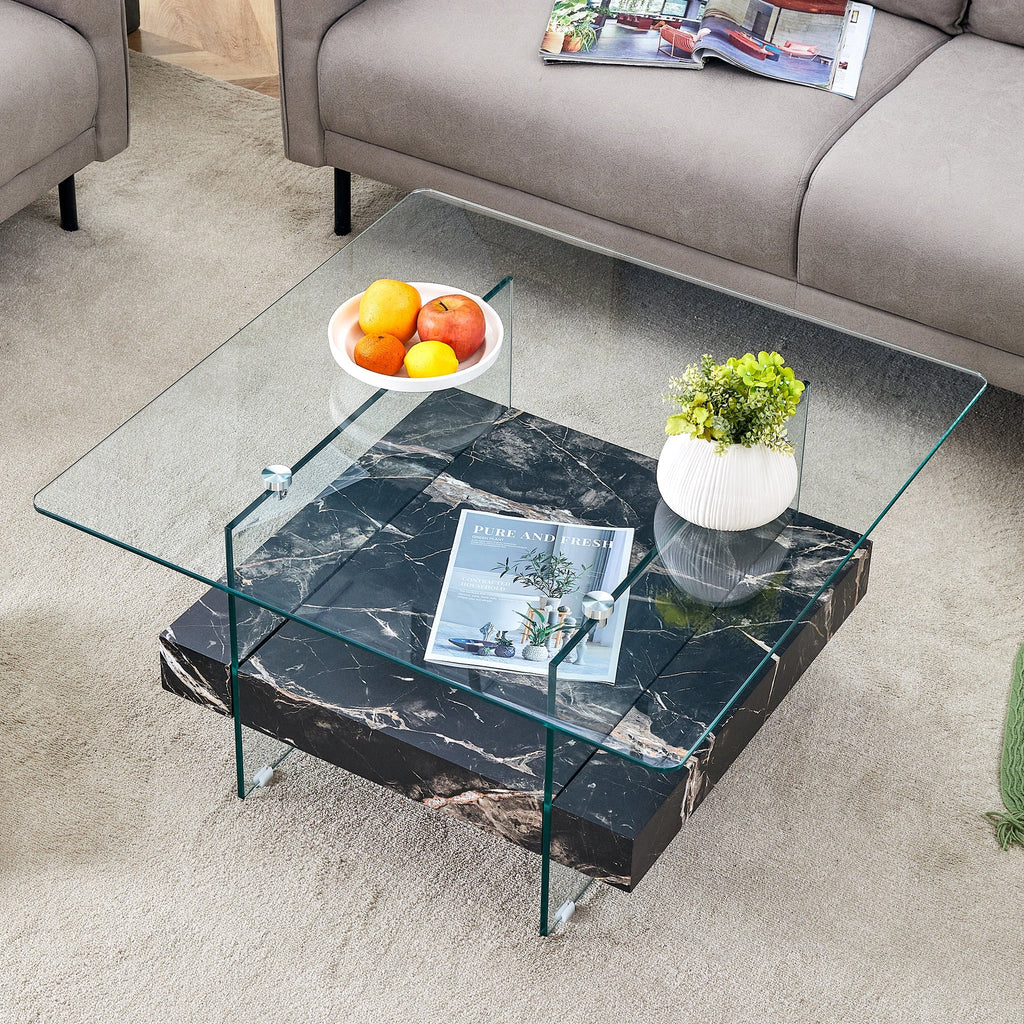 Modern Two-Tier Square Coffee Table - Elegant Clear Glass and Black Sangria Beech