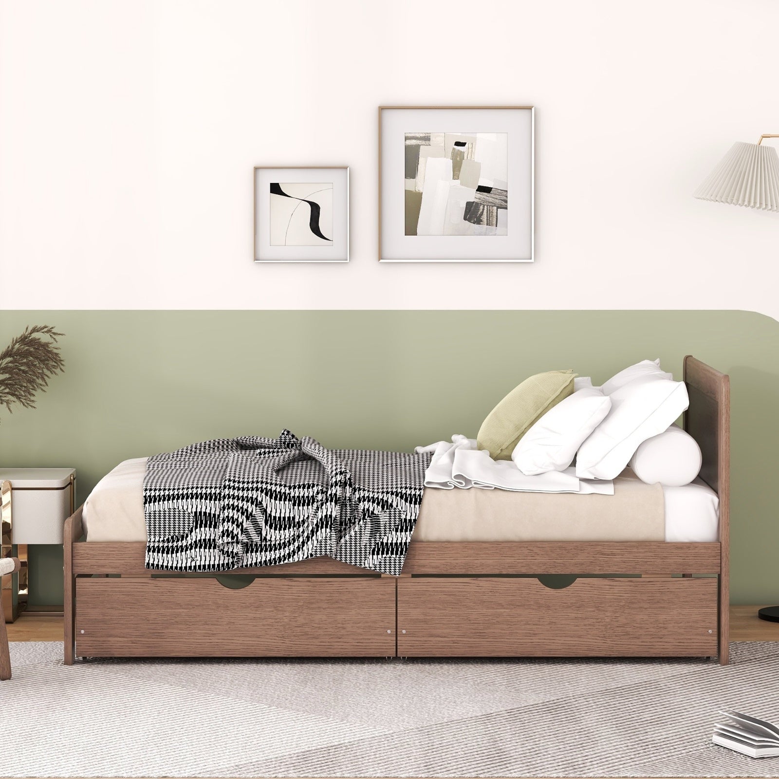 Modern Design Twin Size Platform Bed Frame With 2 Drawers For Walnut Color