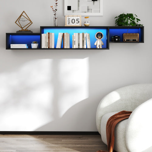 65.35in Wall Mounted Floating TV Stand With 20 Color LEDs And Charging Station