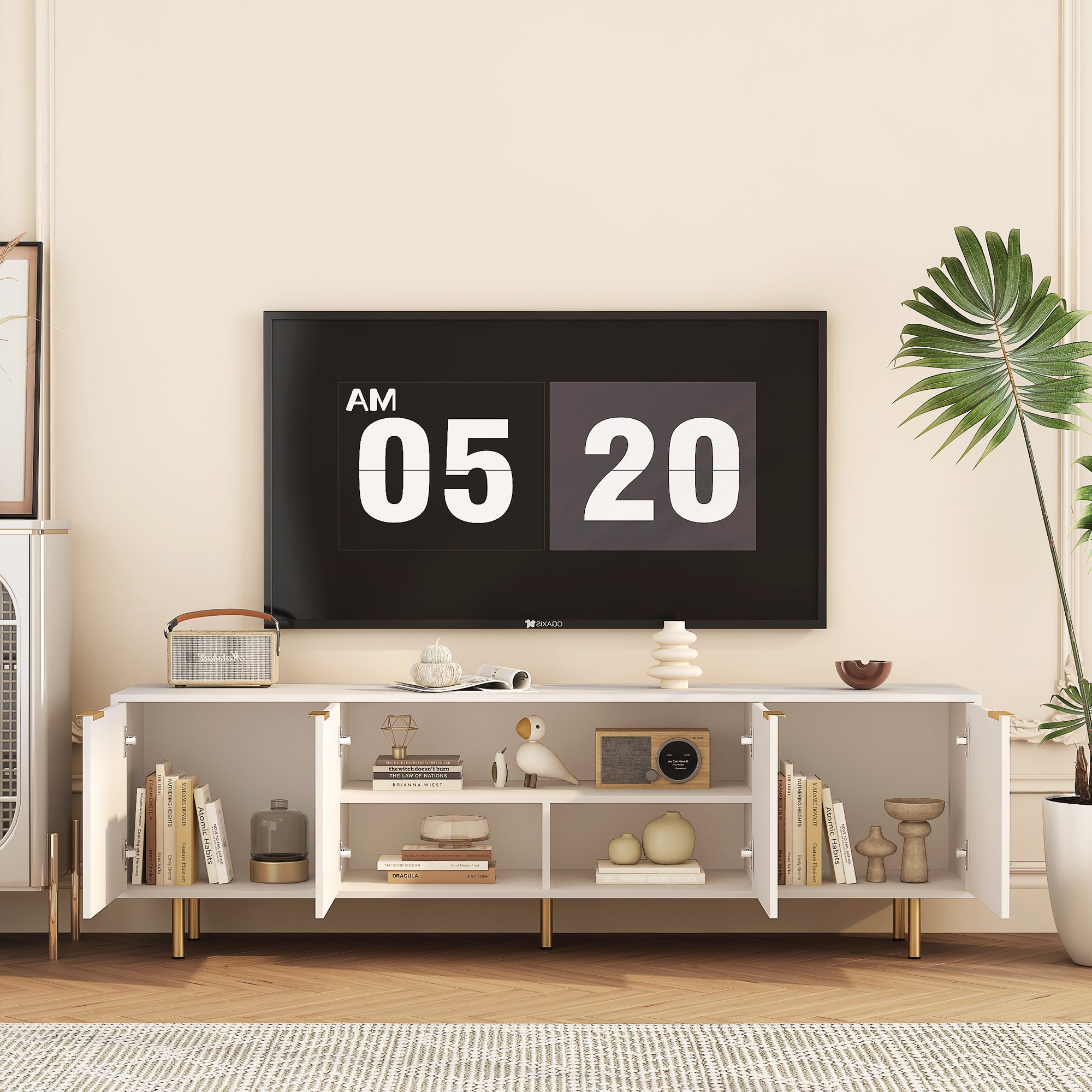 White Modern TV Stand Fluted T, Entertainment Center With Storage Doors, TV Console Media Cabinet, For 55 Inch TV, Living Room