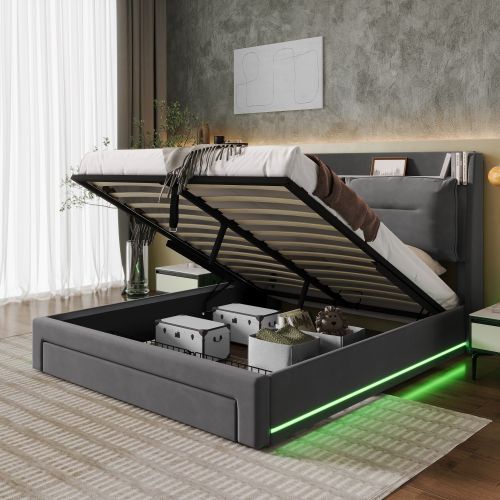 Upholstered Bed, 150x200 5ft King Size Bed, Hydraulic Bed, 2-in-1 Storage Drawers At The End Of The Bed, Recessed LED Light Strips On Both Sides Of The Bed, Slatted Frame, Velvet,Dark Gray