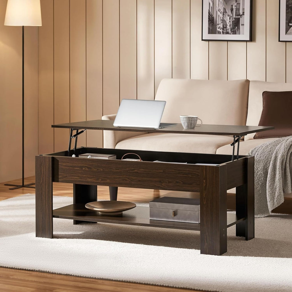 Lift Top Coffee Table with Hidden Compartment and Storage Shelf, Peach Maple
