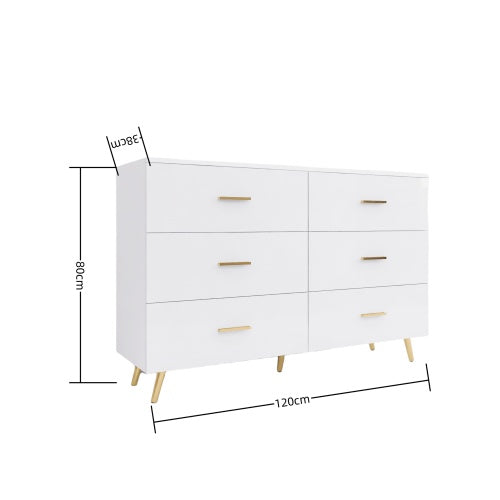 High Glossy Surface 6 Drawers Chest Of Drawer With Golden Handle And Golden Steel Legs White Color Vanity
