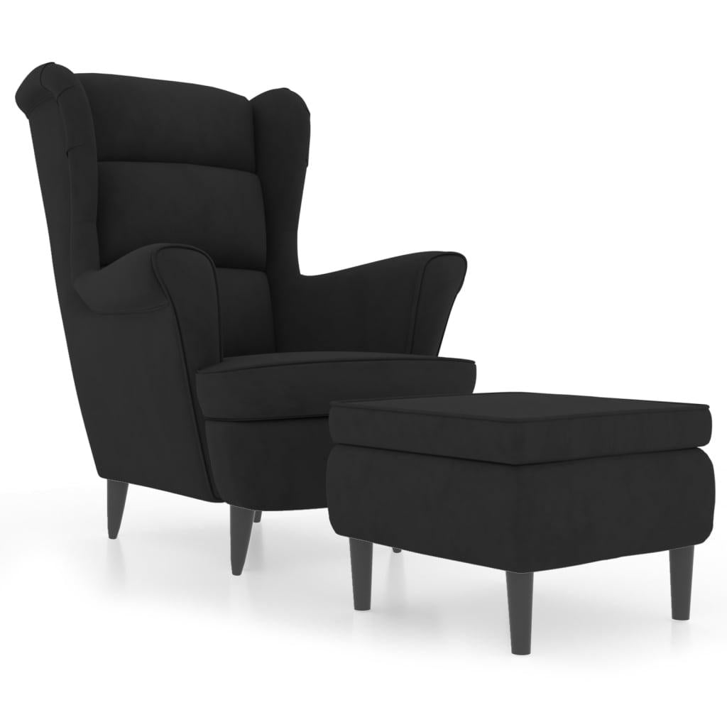 Wingback Chair with Footstool Black Velvet