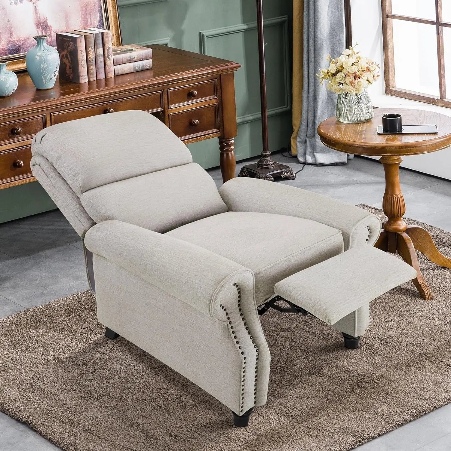 Pushback Recliner Chair, Chenille Upholstered Accent Chairs, Peach Maple