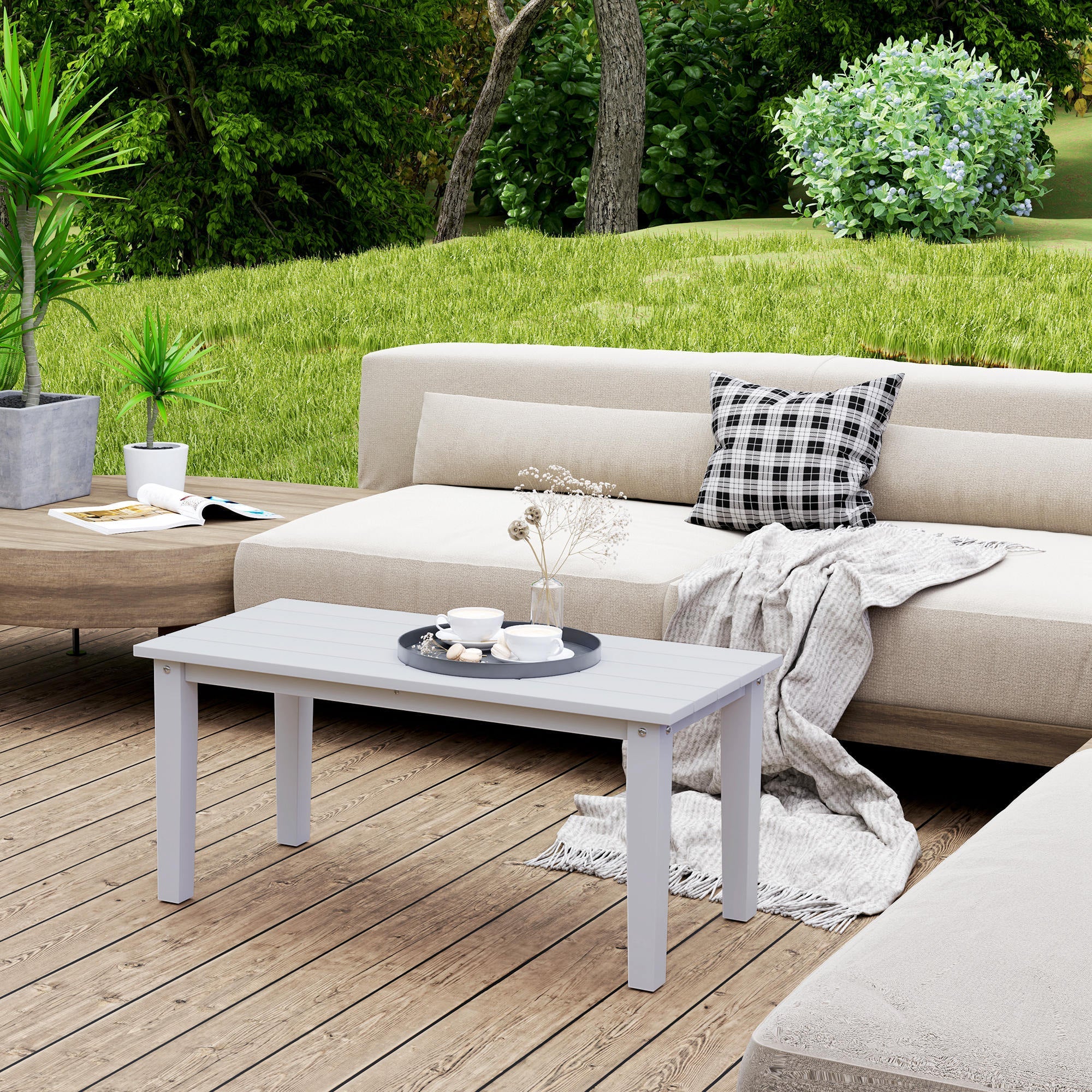 Rectangle Outdoor Coffee Table, HDPE All-Weather Outdoor Patio Table With Slatted Tabletop For Yard, Balcony, White CJDropshipping