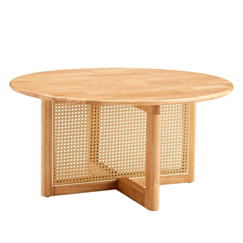 Naturally Elegant Wooden Coffee Table With Faux Rattan Accents - Perfect For Stylish Living Rooms And Cozy Tea Time