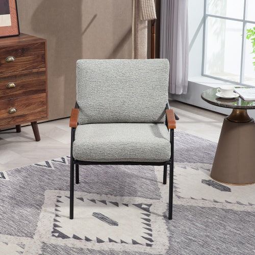 Modern Accent Chair With Natural Wood Armrests And Black Metal Frame, Light Beige Upholstered Seat And Backrest, Comfortable Lounge Chair For Bedroom, Living Room, Dining Room, Set Of 1