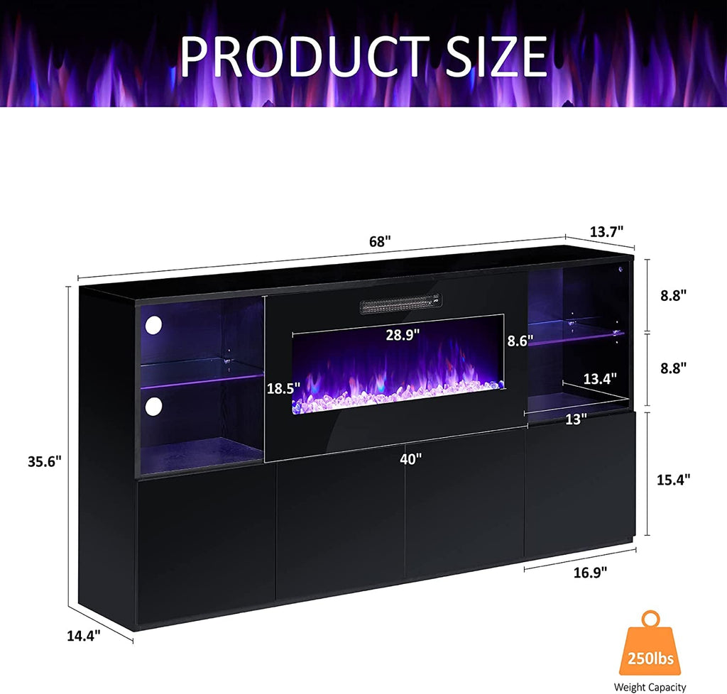 Modern TV Stand with Electric Fireplace and LED Lights Peach Maple