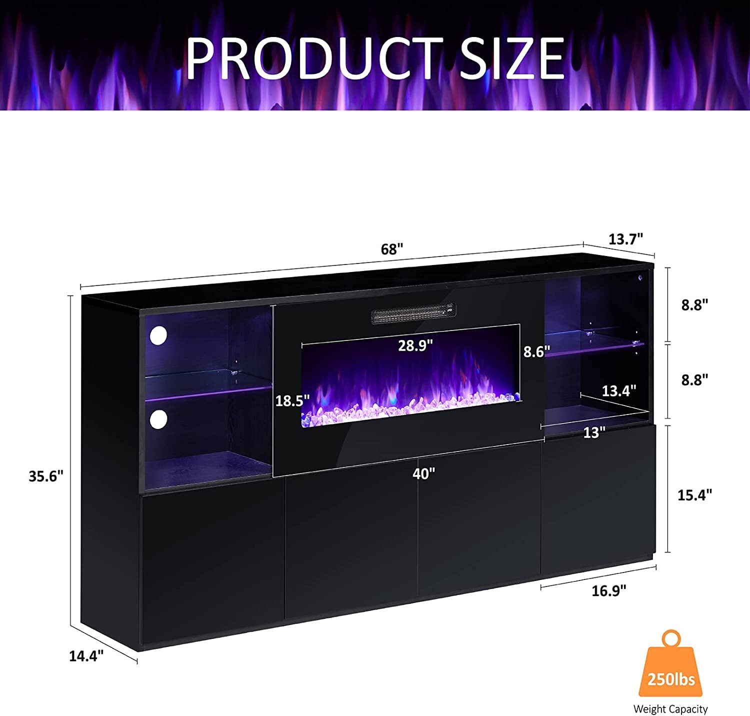 Modern TV Stand with Electric Fireplace and LED Lights Peach Maple