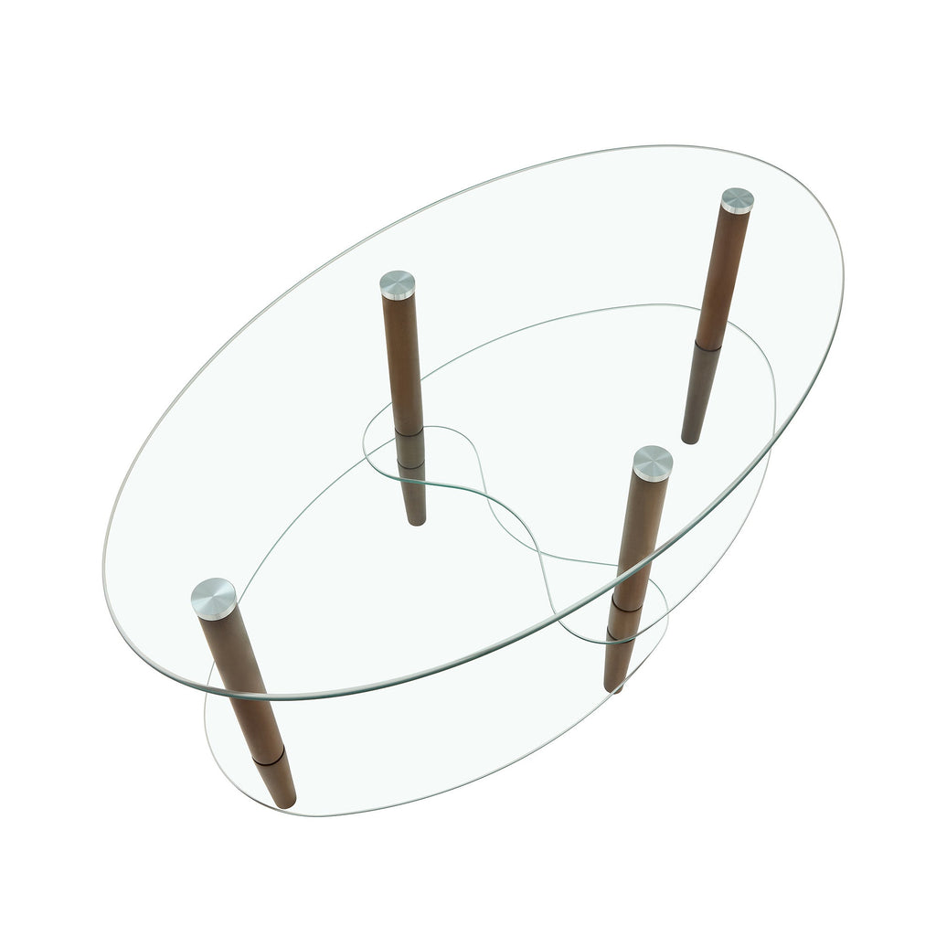 Transparent Oval Glass Coffee Table, Modern Living Room Table, Oak Leg Coffee Table, Three-layer Glass Table CJDropshipping