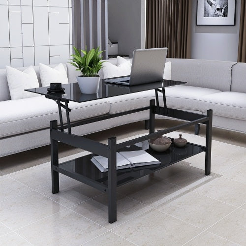 Glass Lift Top Coffee Table, Modern Simple 2-Layer Tempered Glass Coffee Table For Living Room, Black CJDropshipping