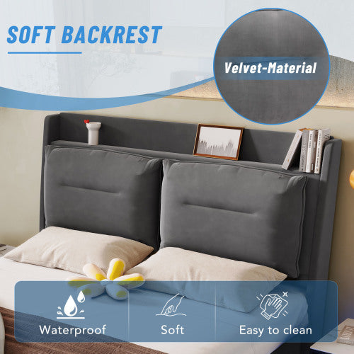 Upholstered Bed, 135x190  4ft6, Double Bed, Hydraulic Bed, 2-in-1 Storage Drawers At The End Of The Bed, Recessed LED Light Strips On Both Sides Of The Bed, Slatted Frame, Velvet,Dark Gray