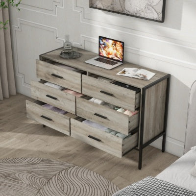 Wood Dresser With 6 Drawers, Wooden Storage Closet For Bedroom, Solid Clothes Cabinet With Sturdy Steel Frame, 48.58Wx15.75Dx31.22H, 48 Inch, Rustic Grey