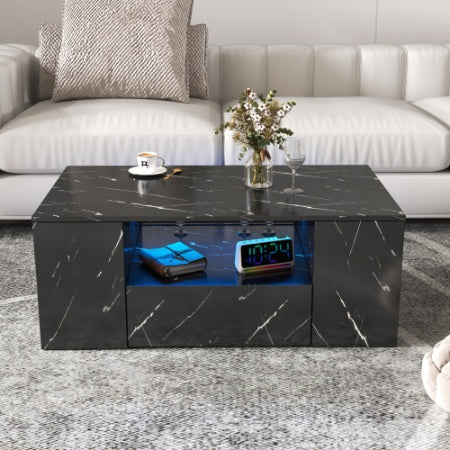 Modern Coffee Tables For Living Room, LED Coffee Table, Storage Coffee Table, Small Coffee Table, Wood Center Table With 2 Drawers And Open Side Shelf CJDropshipping