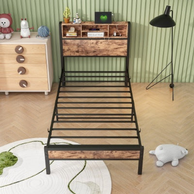 Twin Size Bed Frame With Storage Headboard, Metal Platform Bed With Charging Station, Bookcase Storage, No Box Spring Needed, Easy Assembly