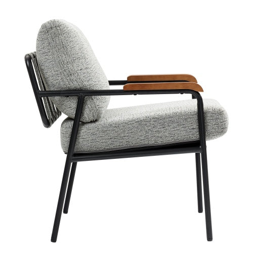 Modern Accent Chair With Natural Wood Armrests And Black Metal Frame, Light Beige Upholstered Seat And Backrest, Comfortable Lounge Chair For Bedroom, Living Room, Dining Room, Set Of 1