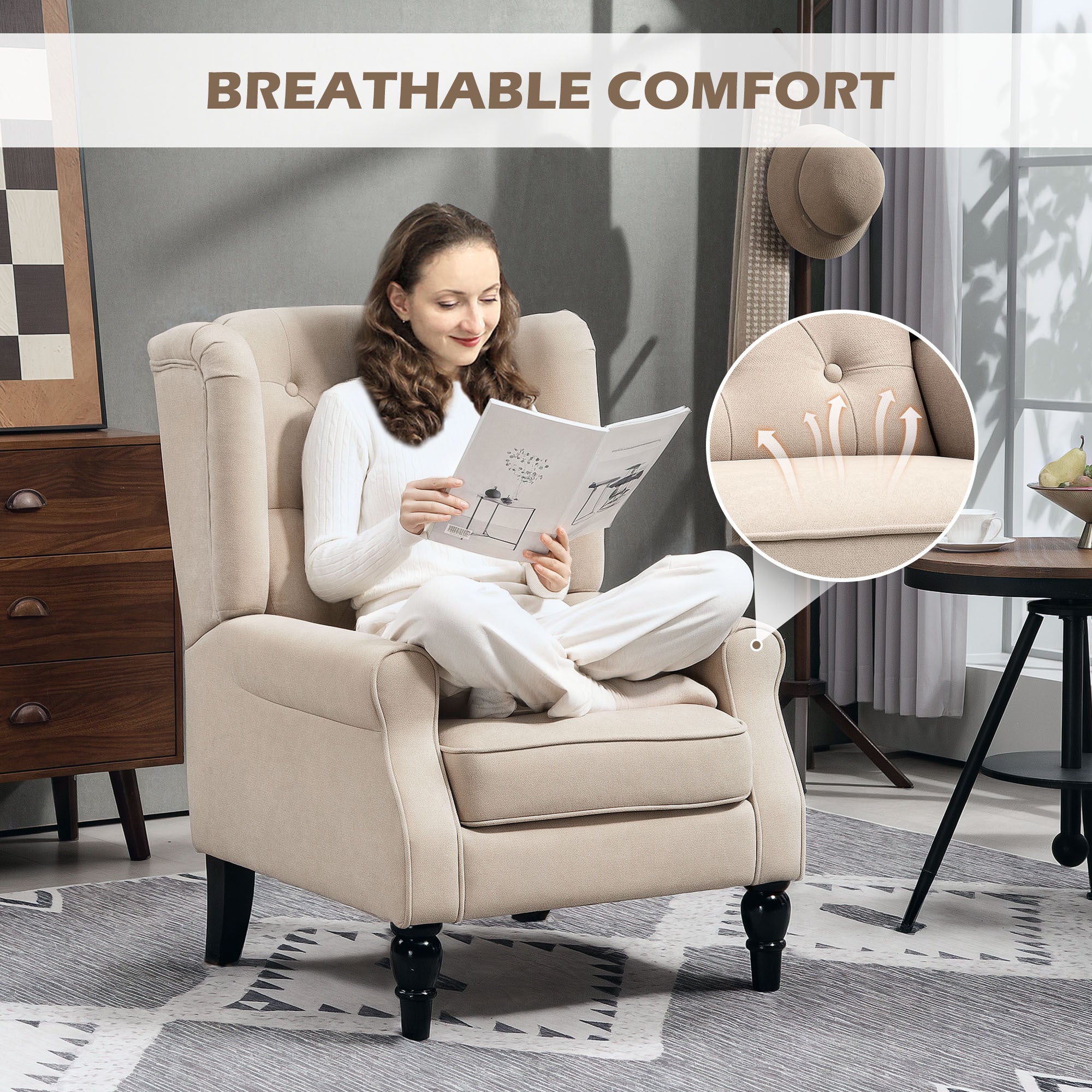 Wingback Accent Chair For Living Room, Button-Tufted Lounge Chair With Round Armrests And Wood Legs, Beige