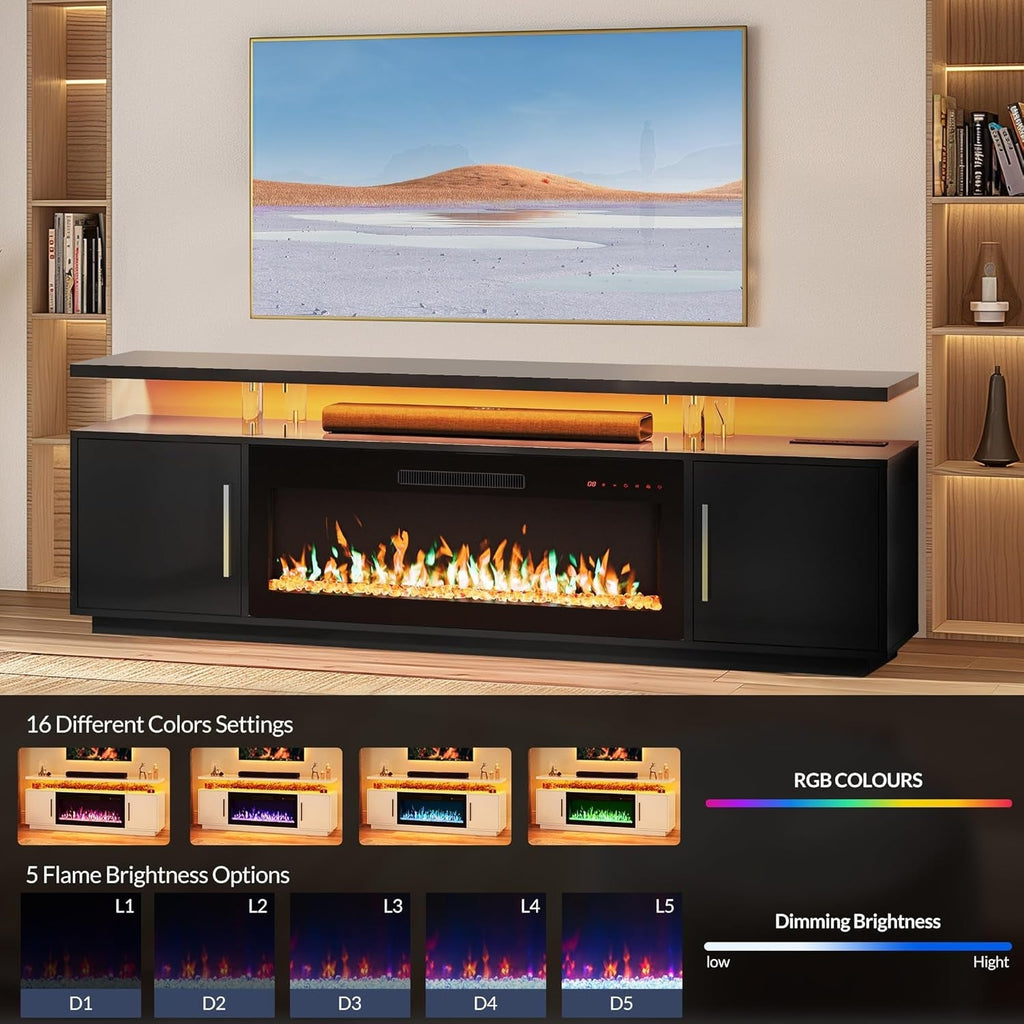 79" TV Stand for Tvs up to 85", LED Light Entertainment Center with Peach Maple