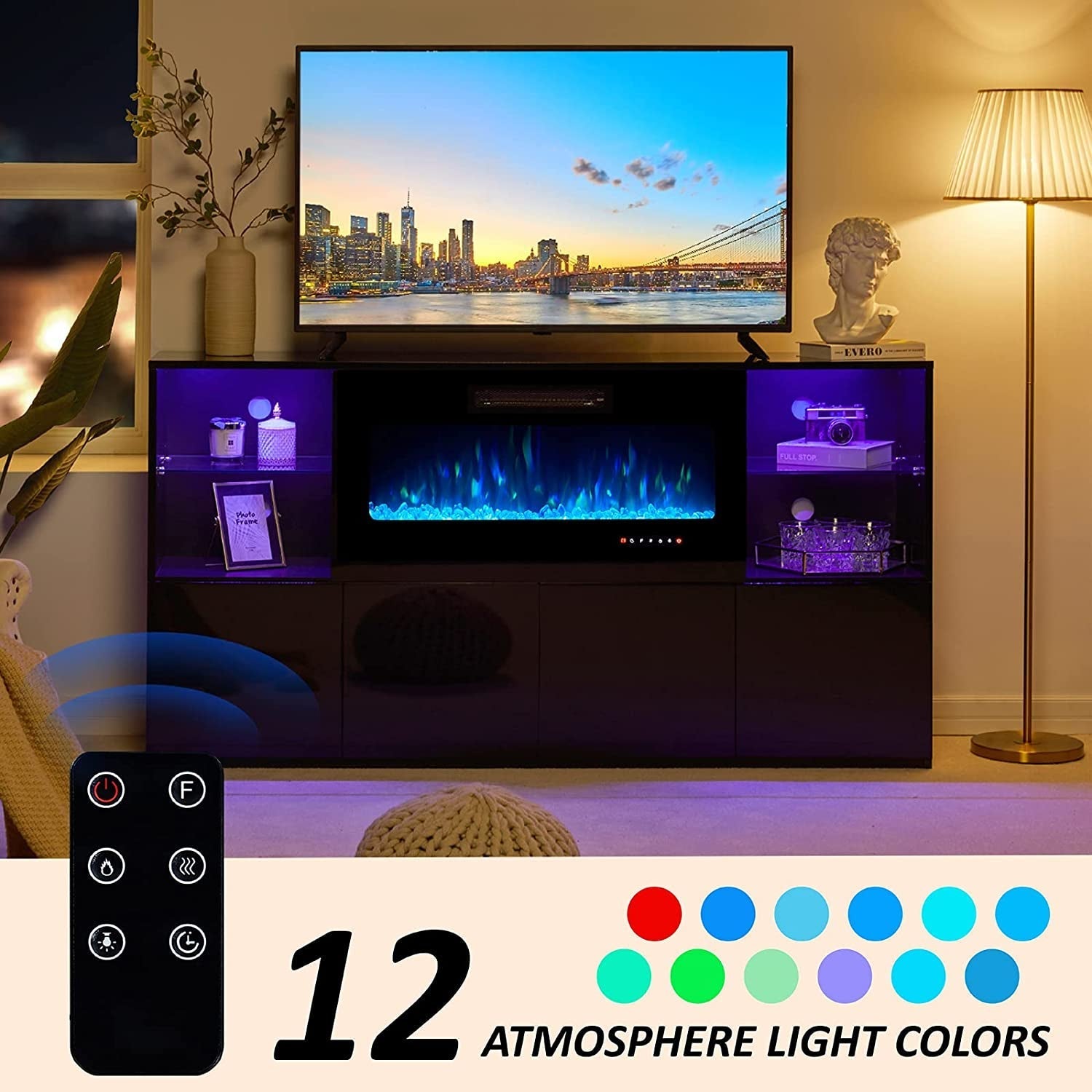 Modern TV Stand with Electric Fireplace and LED Lights Peach Maple