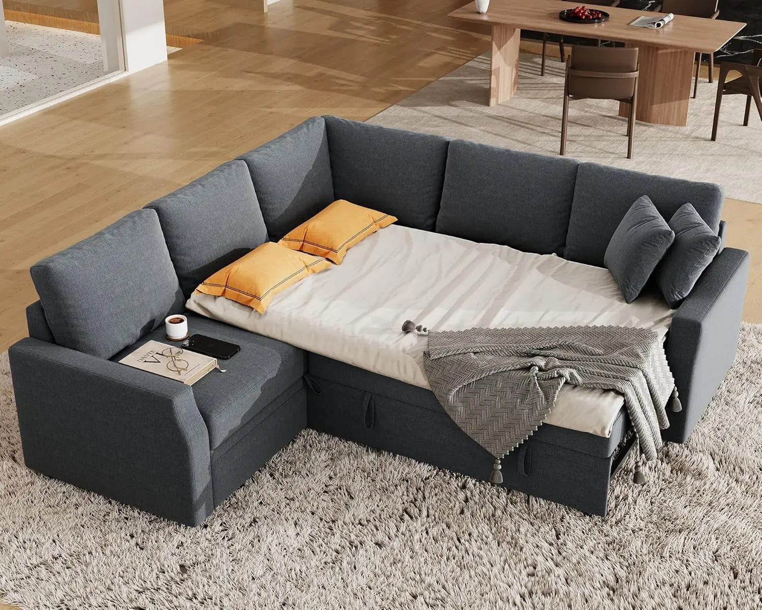Oversized L-Shaped Sleeper Sectional Sofa with Storage Peach Maple