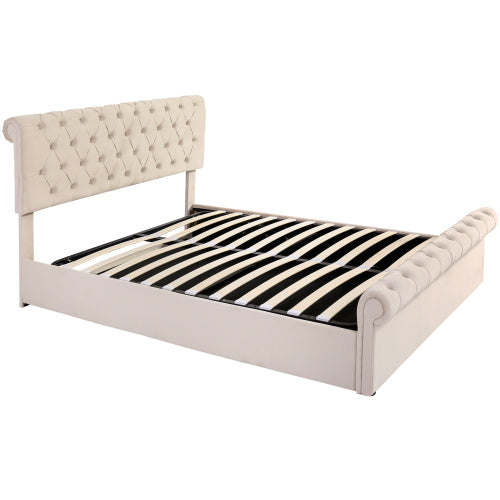 Upholstered Bed 5ft,150x200, 5ft King Bed, Luxurious Velvet Button-Tufted Sleigh Bed Storage, Functional Bed With Slatted Frame And Storage, Beige