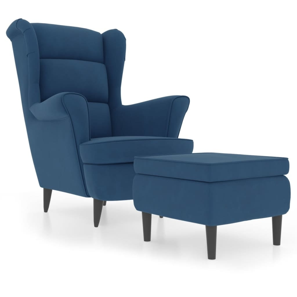 Wingback Chair with Footstool Blue Velvet