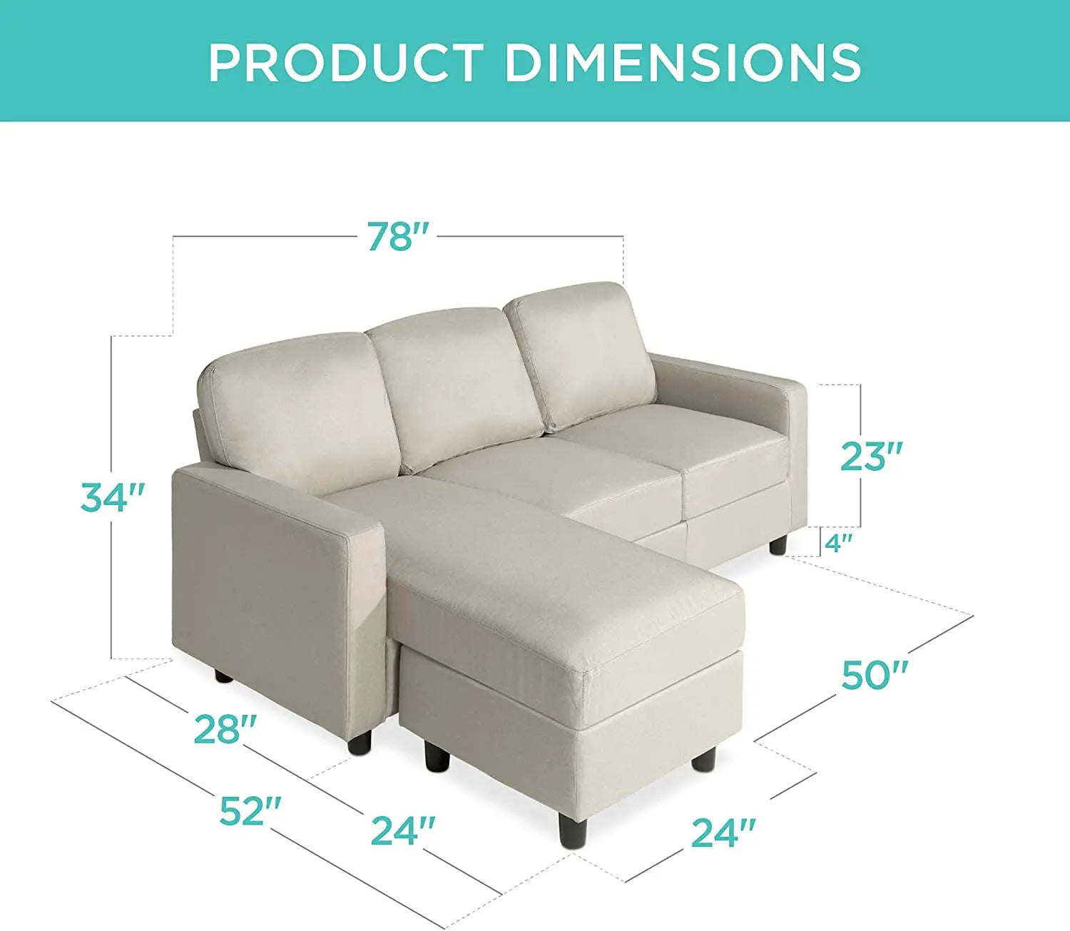 Compact Beige Linen Sectional Sofa with Chaise Lounge Peach Maple