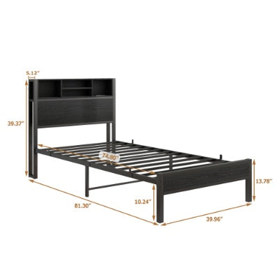 Twin Size Bed Frame With Storage Headboard, Metal Platform Bed With Charging Station, Bookcase Storage, No Box Spring Needed, Easy Assembly, Black