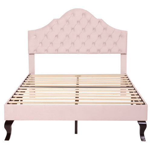 Upholstered Bed With Slatted Frame And Headboard, 4ft6 Double Bed,135x190,Upholstered Bed With Height-adjustable Headboard, Youth Bed, Wooden Slat Support, Easy Assembly, Velvet, Pink