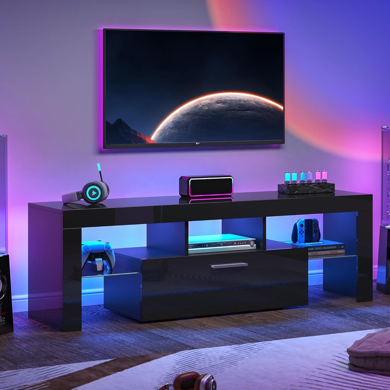 Black LED TV Stand with Large Storage Drawer for 32 40 50 55 Inch Tvs, Peach Maple