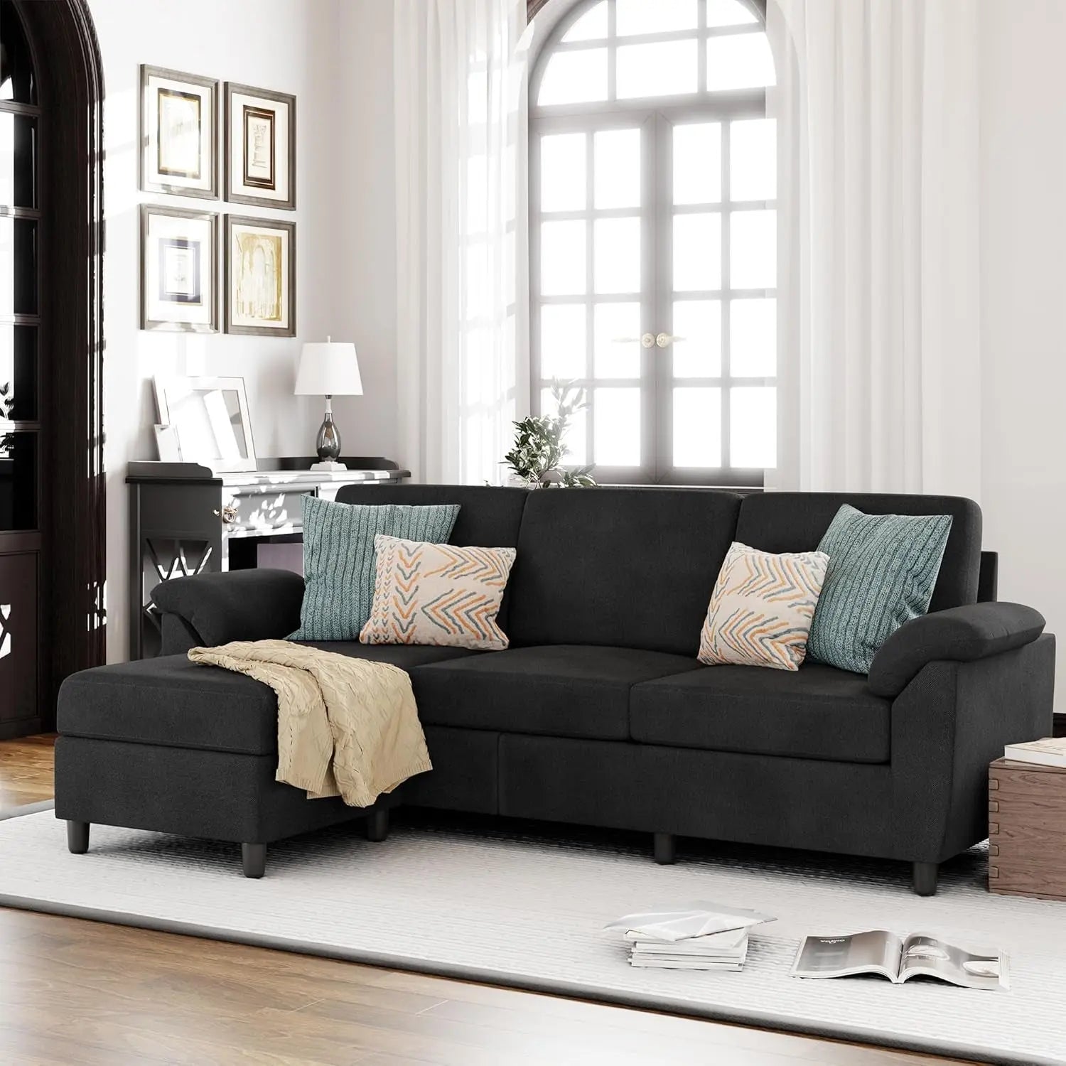 Gray Linen Sectional Sofa with Pillows Peach Maple