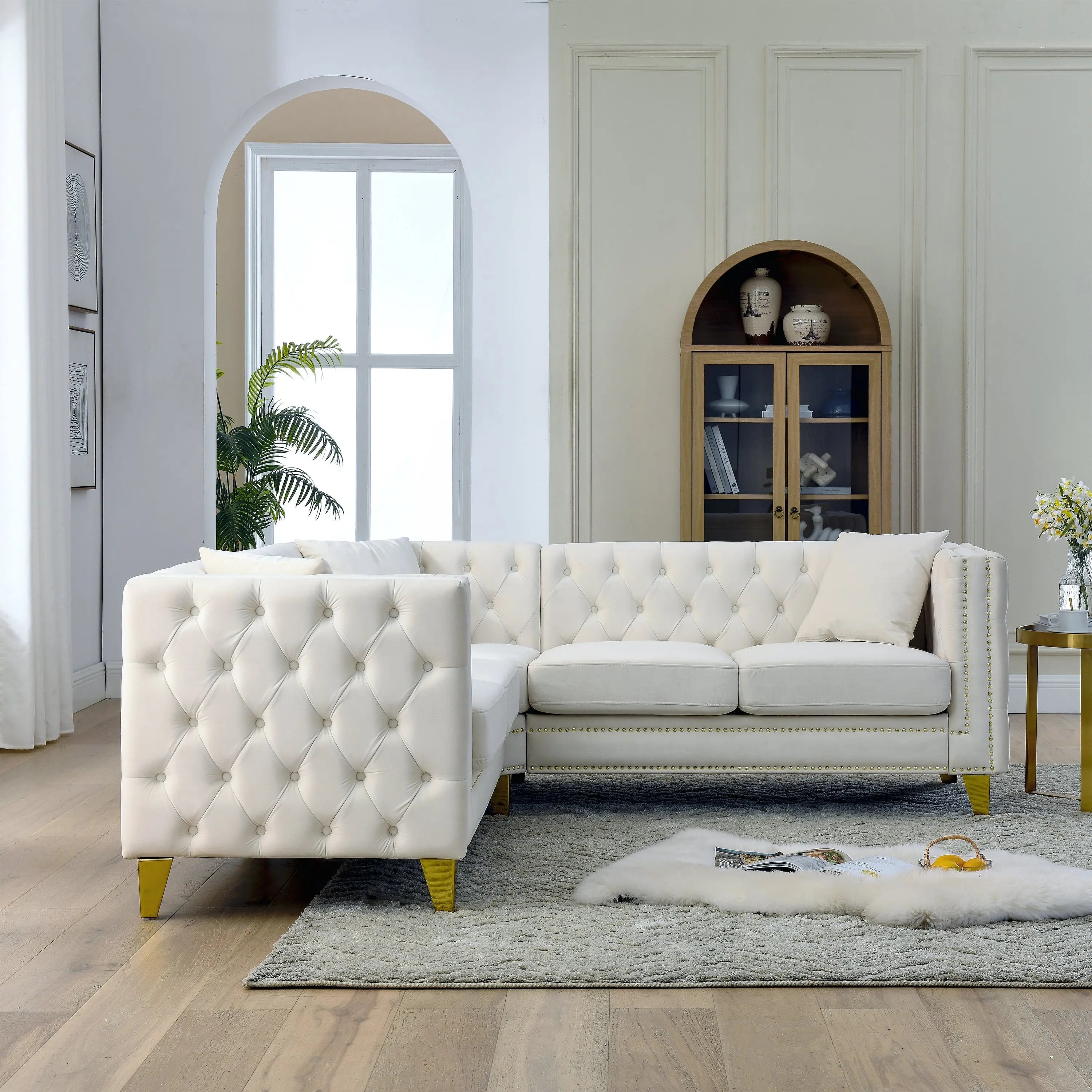 82.2-Inch Velvet Corner Sofa Covers, L-Shaped Sectional Couch, Sangria Beech