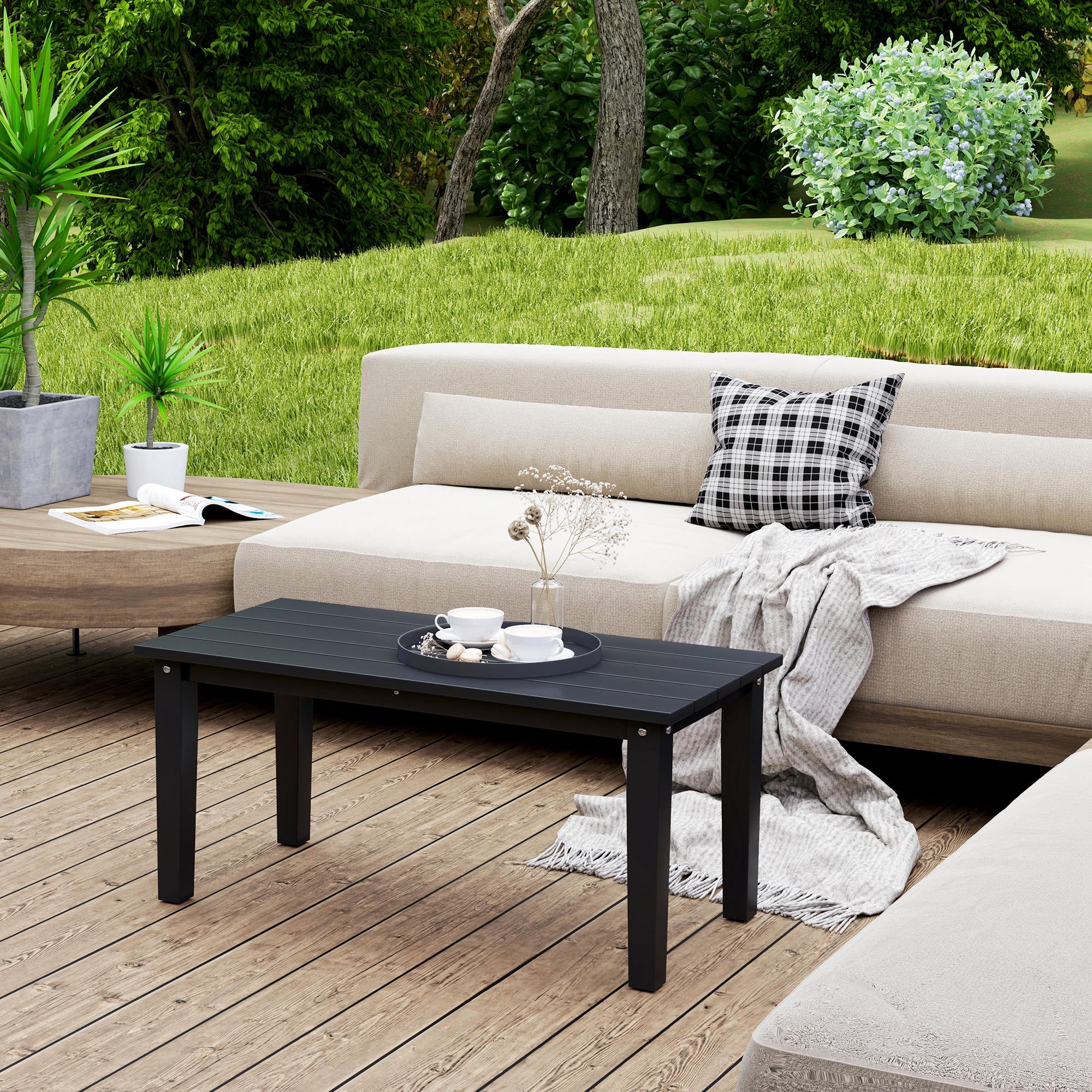 Rectangle Outdoor Coffee Table, HDPE All-Weather Outdoor Patio Table With Slatted Tabletop For Yard, Balcony, Black CJDropshipping