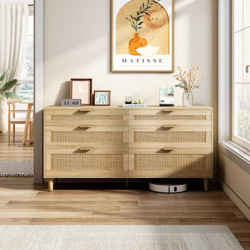 Rattan Dresser With Drawers, 6 Drawer Dresser For Bedroom, Clothes Storage Cabinet For Bedroom, Metal Handle&Wood Legs For Hallway, Living Room, Bedroom,Natural