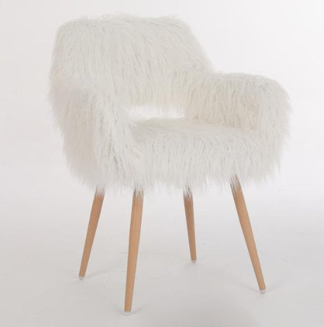 White Faux Fur Upholstered Make-up Chair With Side Dining Chair With Metal Legs