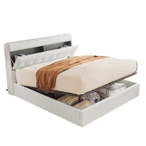 Fashion Upholstered Bed,150x200  5ft, King Bed,Hydraulic Bed,Concealed Headboard Storage,Bed Box Storage,PU,With Slats And Headboard,Without Mattress,Cream White