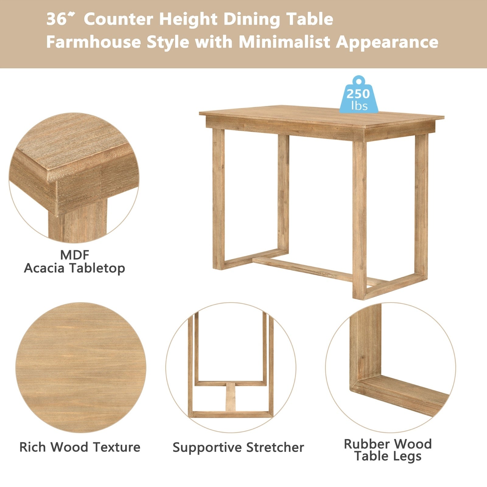 TOPMAX Farmhouse 5-Piece Counter Height Dining Set, 1 Table & 4 Chairs