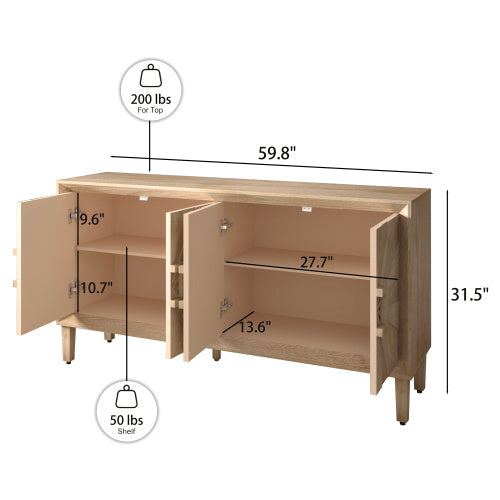 60'' Premium Rustic American Farmhouse Credenza - Symmetrical Sunburst Door Design, Heavy-Duty Antique Wood TV Stand With Adjustable Shelves, Storage Cabinet For Living Room Kitchen  Antique Natural