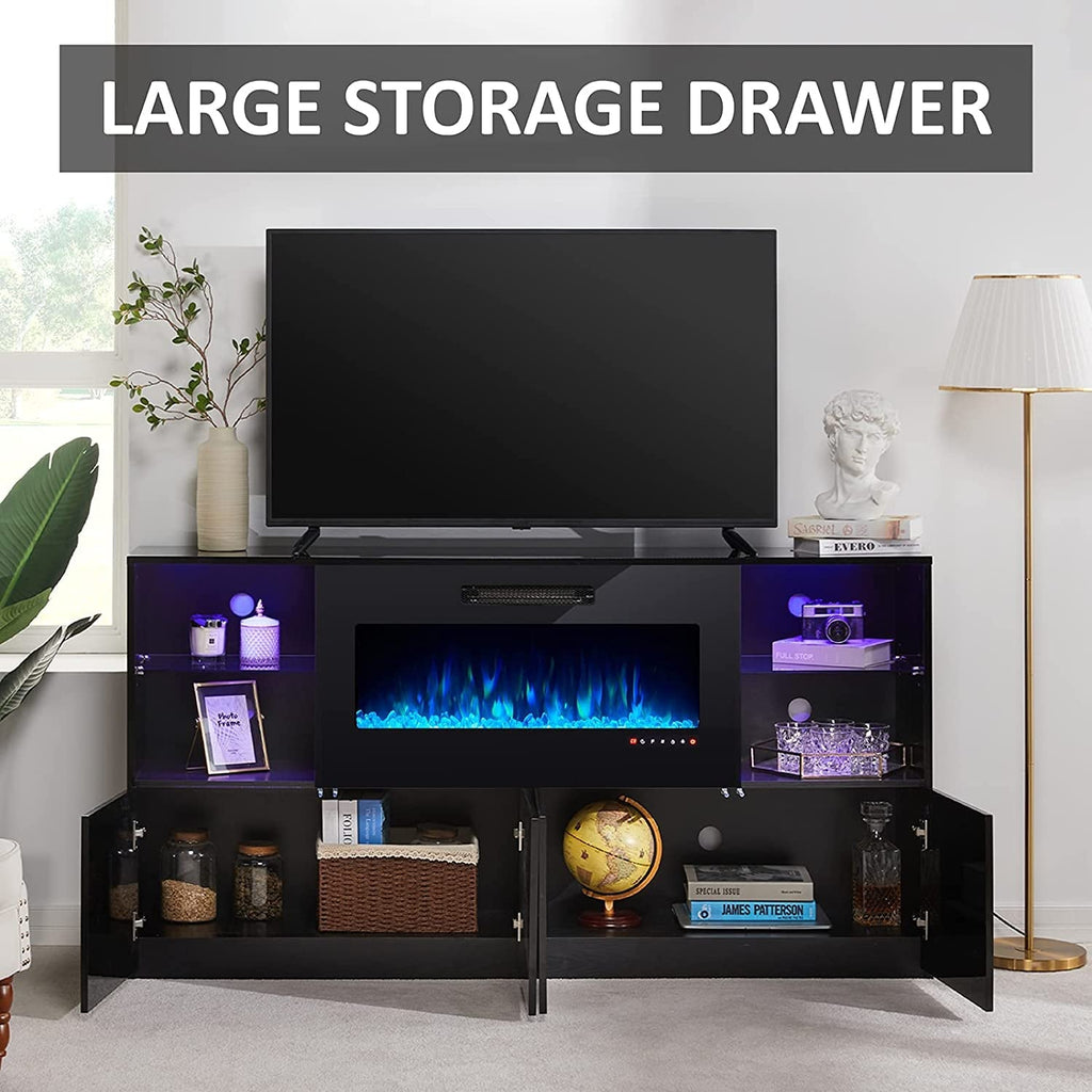 Modern TV Stand with Electric Fireplace and LED Lights Peach Maple