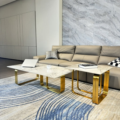 LuneluX_Home – Modern Sintered Stone Coffee Table Set with Gold Frame Carmine Juneberry