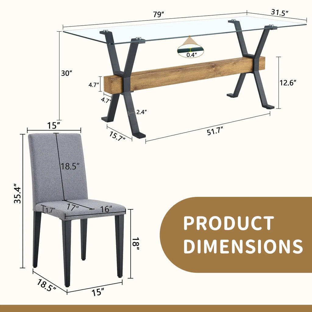 Table and chair set.79'x31.5' Inch Tempered Glass Tabletop With Sangria Beech