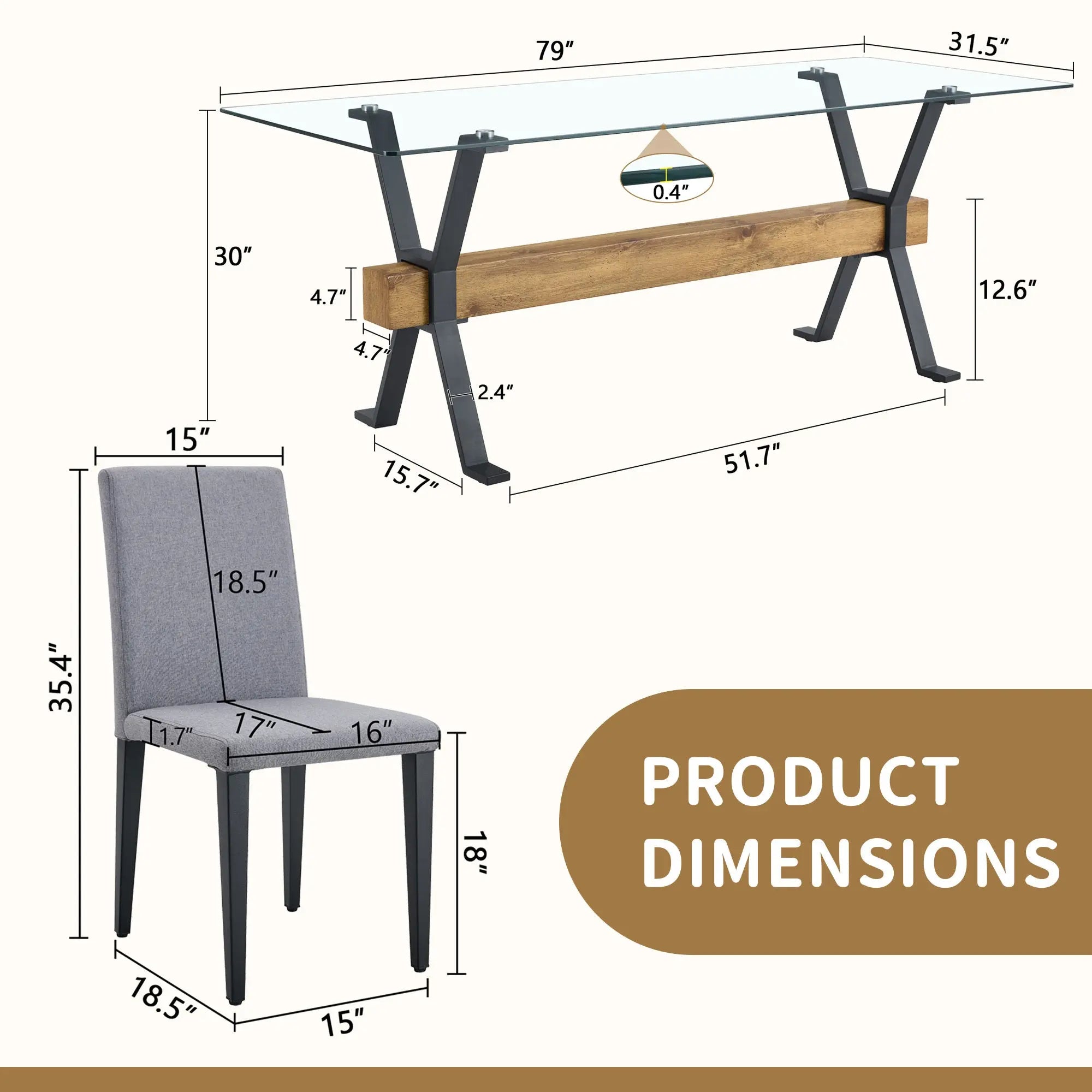Table and chair set.79'x31.5' Inch Tempered Glass Tabletop With Sangria Beech